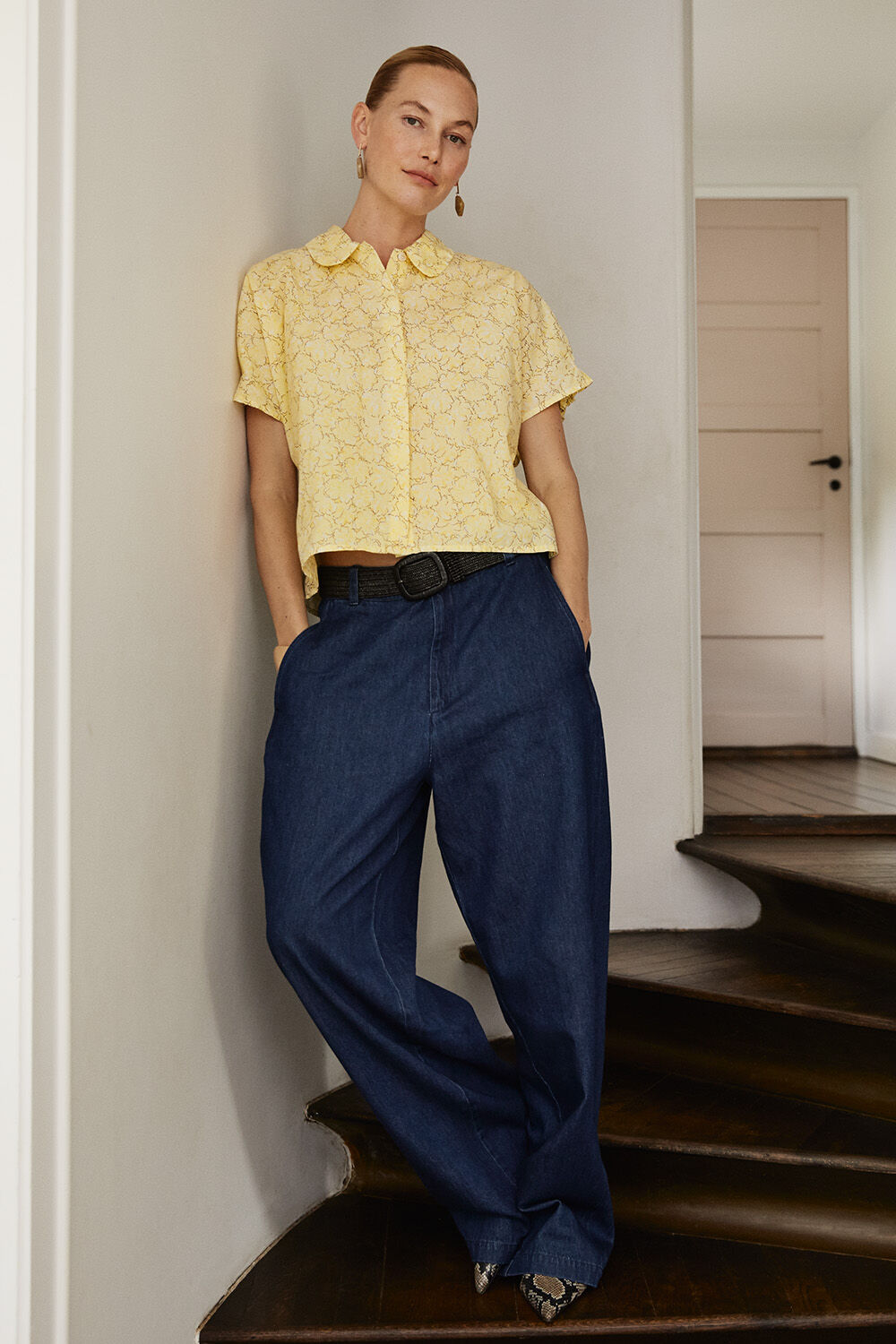 Indorix Shirt - Lemonade, Pantsia Denim Trousers - Dark Denim, Revlina Earring - Beige, Rivula Belt - Black