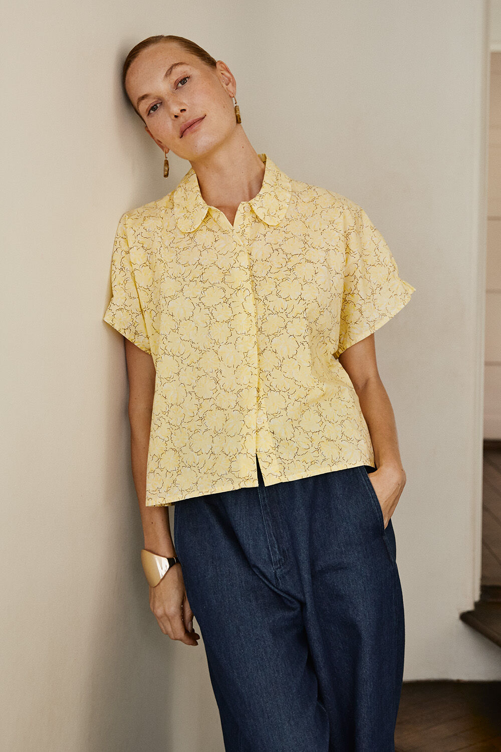 Indorix Shirt - Lemonade, Pantsia Denim Trousers - Dark Denim, Revlina Earring - Beige, Rivula Belt - Black