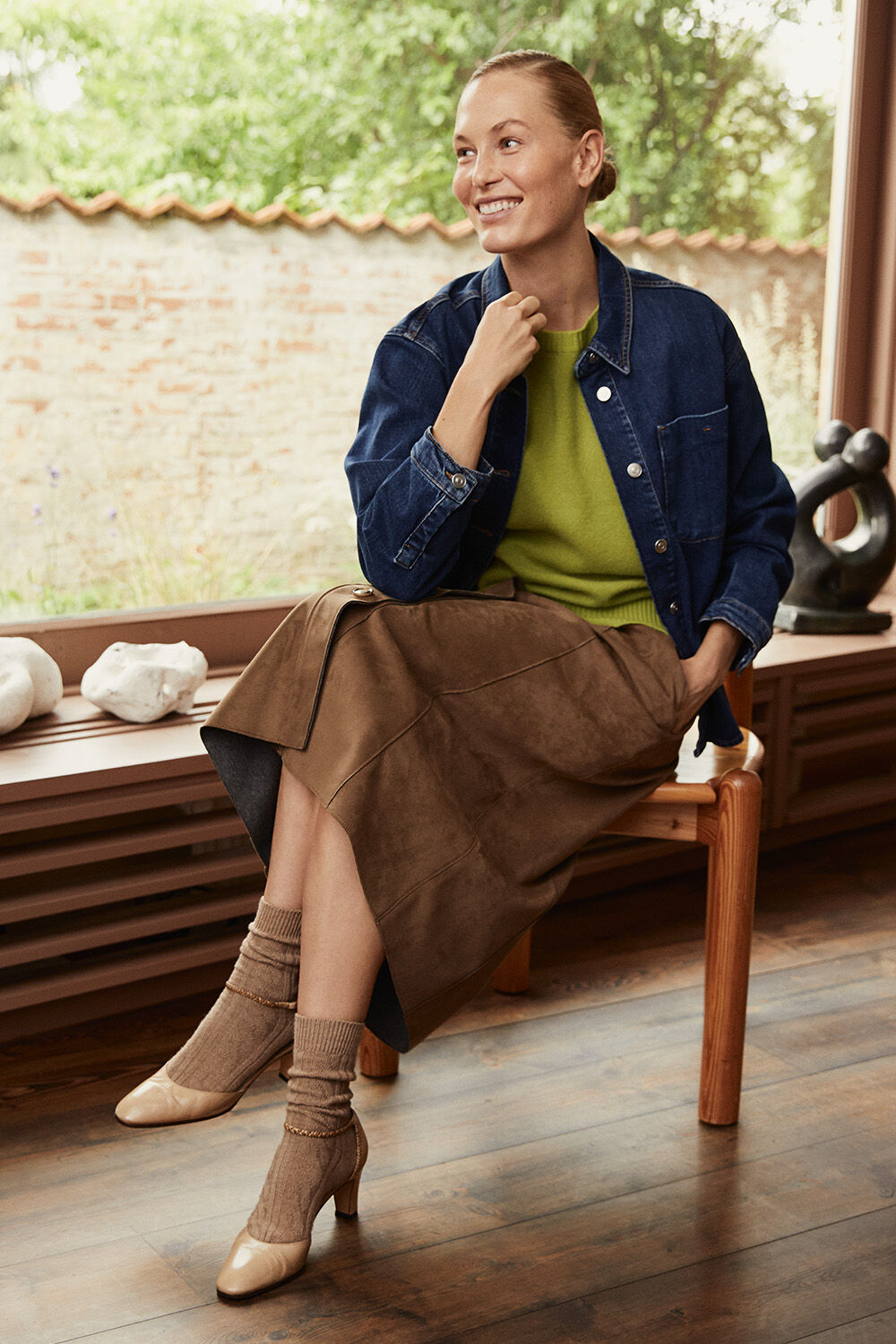 Ivelora Shirt - Medium Denim, Fallan Jumper - B Chartreuse, Synnora Skirt - Otter